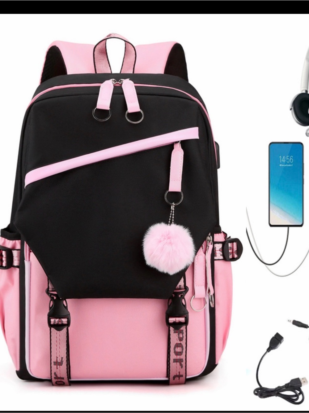 Black & Pink Women's Backpack with Pom-Pom Charm